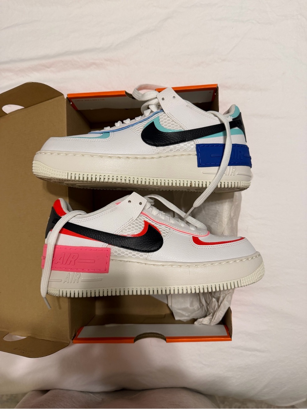 Nike Women's Air Force 1 Shadow Sneakers - White with Black, Pink & Blue Accents